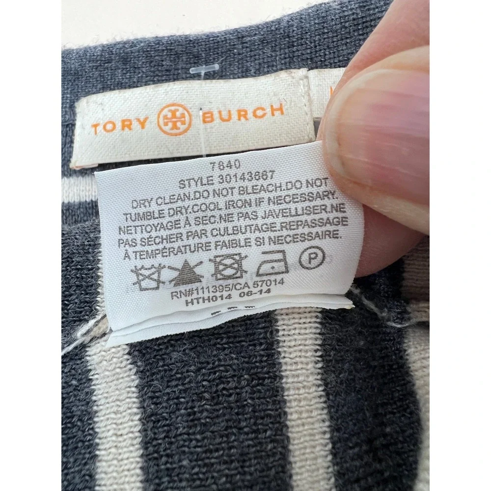 Tory Burch Sweater Large Grey White Excellent Merino Wool Striped Tunic 30143667